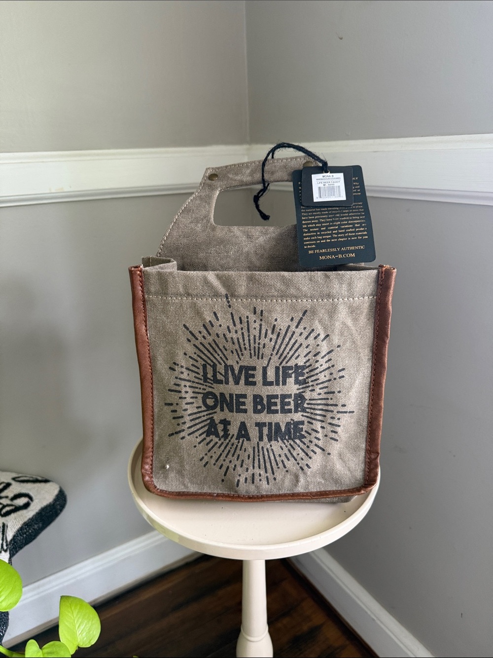 Mona B Taupe Canvas Beer Tote with Brown Trim and Black Print Starburst